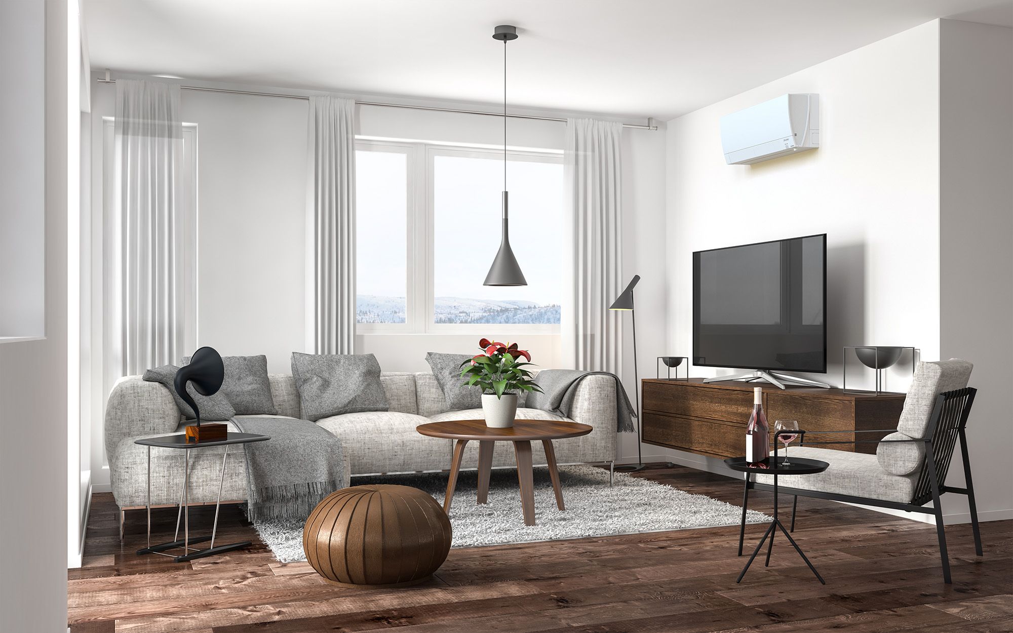 PKFY wall mounted indoor unit showcased in home living room