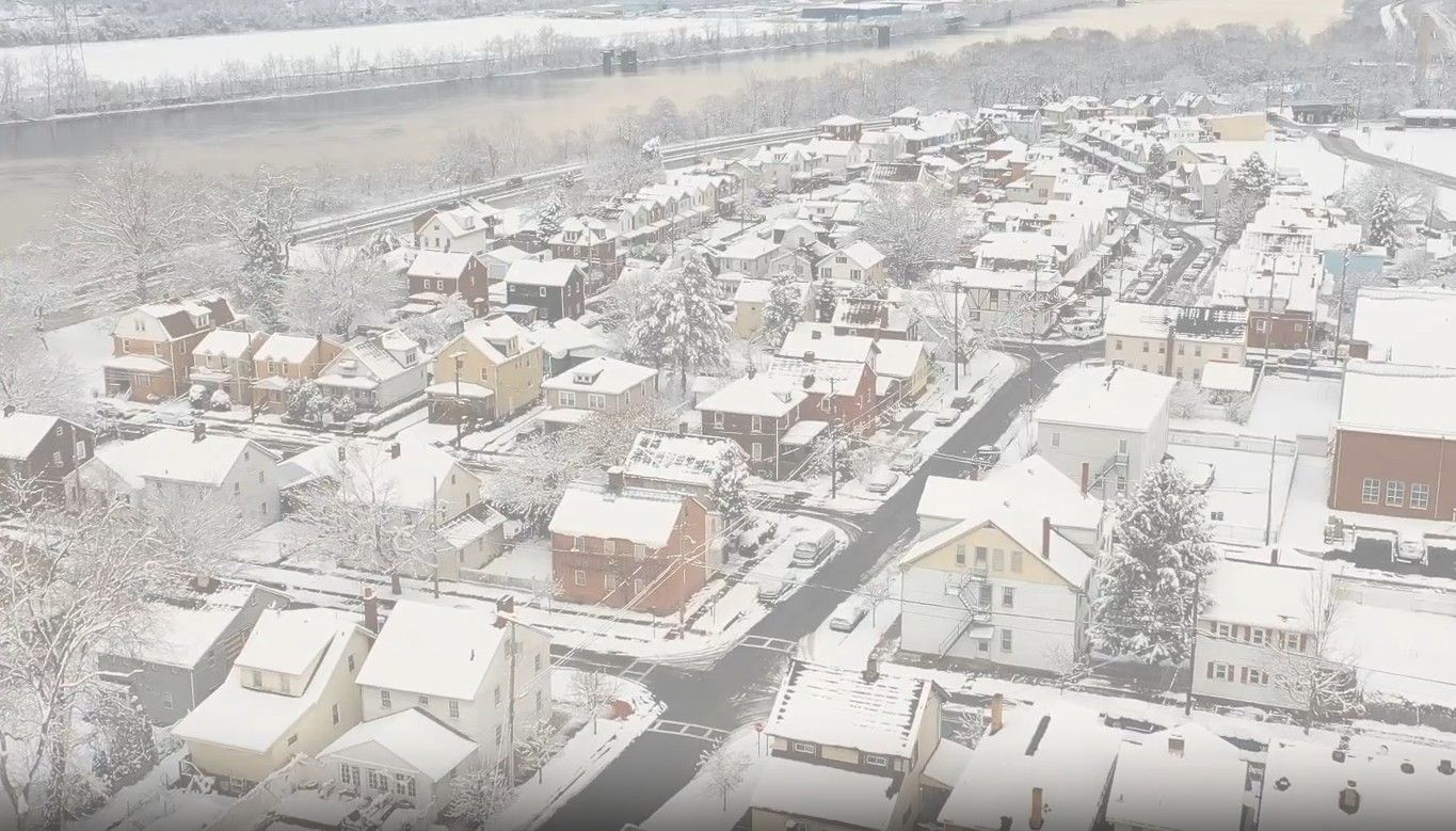 Snowy roofs in neighborhood