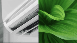 split image of an indoor unit and a leaf