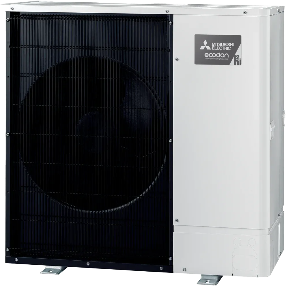 outdoor ecodan heat pump unit with white chassis and black front fan grill 