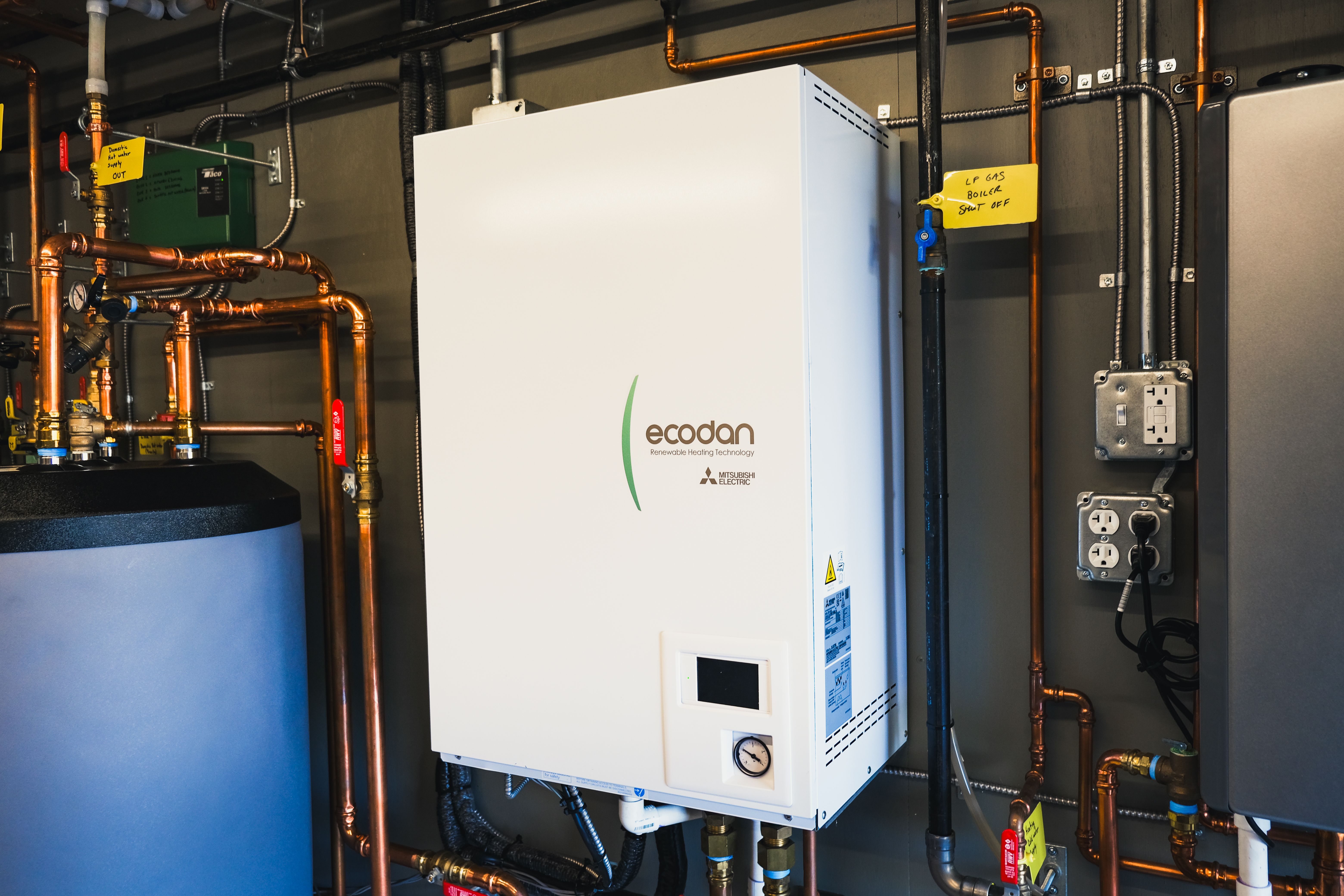 Ecodan Air to Water Heat Pump Installed left side close up