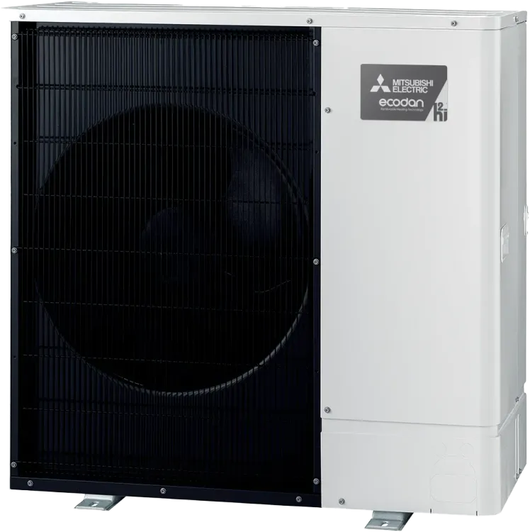 outdoor ecodan heat pump unit with white chassis and black front fan grill 