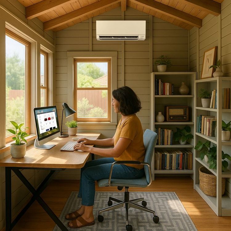 woman sitting at a desk working on her computer. she is in a small room that is a dedicated work space. there is a mitsubishi electric wall-mounted mini-split heat pump HVAC unit high up on the wall in the background