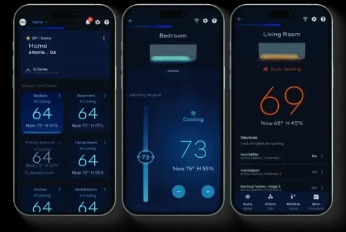 3 smartphone devices with mitsubishi electric smart home comfort controls app shown on screens