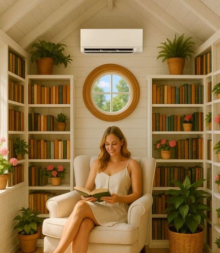 woman sitting in a comfortable armchair reading a book. she is in a small room that is a dedicated reading space. there is a mitsubishi electric wall-mounted mini-split heat pump HVAC unit high up on the wall in the background