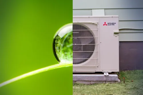 split screen heat pump and green water drop
